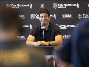 Newly acquired Vegas Golden Knights player Max Pacioretty speaks during a news conference at City National Arena in Las Vegas on Sept. 12, 2018.