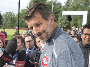 Montreal Canadiens general manager Marc Bergevin speaks to the media before the team's charity golf tournament on Sept. 10, 2018, in Laval.
