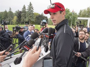 Montreal Canadiens goaltender Carey Price speaks to the media before the team's charity golf tournament Monday, September 10, 2018 in Laval.