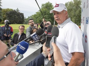 Montreal Canadiens head coach Claude Julien speaks to the media before the team's charity golf tournament on Sept. 10, 2018, in Laval