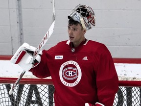 Canadiens goaltender Carey Price takes a break during practice in Brossard on Sept. 14, 2018 .