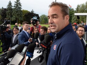 Canadiens owner Geoff Molson speaks to media at the team's annual golf tournament at Laval-sur-le-lac on Sept. 10, 2018.