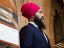 NDP leader Jagmeet Singh speaks outside of a meeting of the House of Commons Natural Resources committee Ottawa, Sept. 4, 2018.