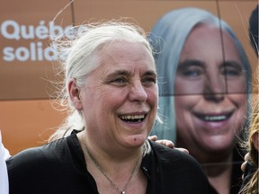 Quebec Solidaire co-spokesperson Manon Massé at a bicycle refurbishing business called Pleins Rayons in Cowansville, Quebec south-east of Montreal on Tuesday, August 28, 2018 where at-risk youth and disabled youth learn to repair bikes that are then donated to people in need Montreal.