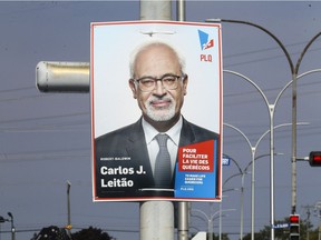 Election poster for Liberal candidate Carlos Leitão in the West Island riding of Robert-Baldwin.