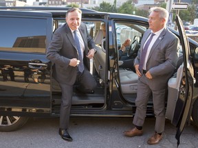Coalition Avenir Quebec Leader Francois Legault arrives for an election leaders' debate in Montreal on Thursday, Sept.13, 2018. THE CANADIAN PRESS/Ryan Remiorz ORG XMIT: RYR104
