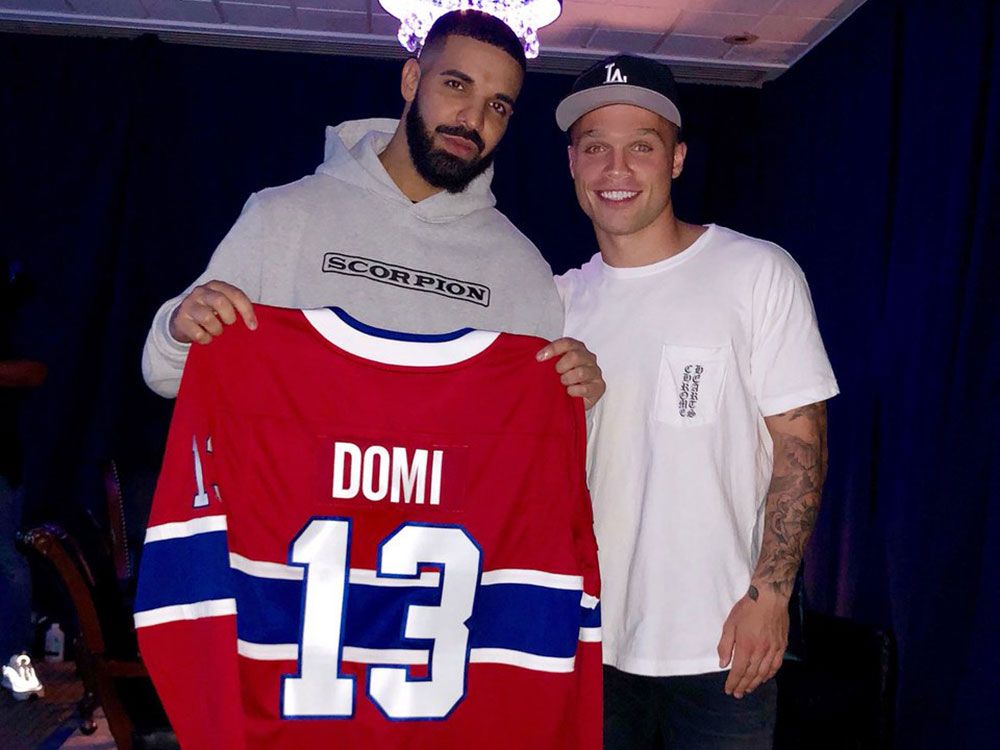 Max Domi gave noted Torontonian Drake a Montreal Canadiens jersey