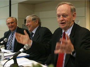 NATIONAL POST STAFF PHOTO // PST041207- Toronto - (left to right) Roy Romanow and Roy McMurtry laugh at Jean Chretien as he speaks at a conference marking the 25th anniversary of the charter in Toronto, Thursday April 12, 2007.  For Canwest, story by Janice Tibbetts. STAFF PHOTO: (Tyler Anderson/National Post).