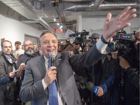 Coalition Avenir du Quebec Leader Francois Legault greets candidates and supporters while campaigning Friday, September 21, 2018 in Montreal, Que.