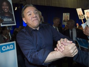 CAQ Leader François Legault greets supporters at a rally during a campaign stop in Terrebonne on Saturday, Sept. 29, 2018.