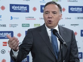 CAQ leader Francois Legault responds to a question during a news conference following the leaders debate in Montreal, on Thursday, September 13, 2018.