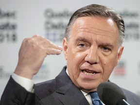 CAQ Leader Francois Legault speaks to the media after the English language debate, Monday, September 17, 2018 in Montreal, Que.
