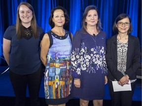 From left, Vanessa Roy with Quebec solidaire, Gertrude Bourdon for the Liberal Party, Dianne Lamarre with the Parti Québécois and Danielle McCann with the CAQ participate in a debate on health issues on Wednesday.