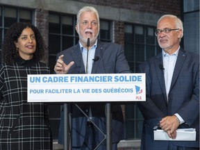 Liberal leader Philippe Couillard presents his party's financial platform flanked by Dominique Anglade and Carlos Leitao in Montreal, on Wednesday, September 12, 2018.