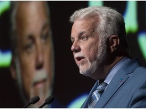 Quebec Liberal Leader Philippe Couillard speaks at a municipalities union (UMQ) summit, Friday, September 14, 2018 in Quebec City.