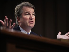 FILE - In this Sept. 5, 2018, file photo, Supreme Court nominee Brett Kavanaugh testifies before the Senate Judiciary Committee on Capitol Hill in Washington. Combat won out over caution. White House aides and congressional allies worked all week to keep President Donald Trump from unloading on the woman who has accused Kavanaugh of sexual misconduct.