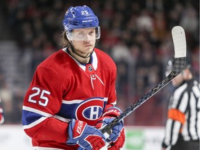 Canadiens centre Jacob De La Rose heads out to take faceoff during NHL game against the New York Rangers on Jan. 15, 2018 at the Bell Centre in Montreal.