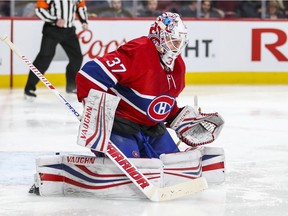 Canadiens Antti Niemi follows the play during second period of National Hockey League game against the  Florida Panthers in Montreal Monday March 19, 2018.