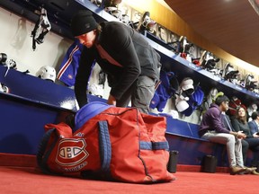 Canadiens forward Jacob de la Rose packs up his hockey bag after speaking to the media on April 9, 2018 after the team had failed to make the NHL playoffs.
