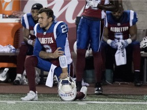 Alouettes quarterback Johnny Manziel watches action from the sidelines during CFL game against the Edmonton Eskimos at Montreal’s Molson Stadium on July 26, 2018.