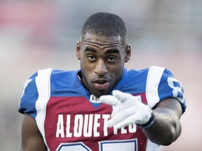 Montreal Alouettes receiver Eugene Lewis takes part in the pregame warmup during CFL action against the Toronto Argonauts in Montreal on Aug. 24, 2018.