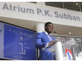 P.K. Subban speaks at the P.K. Subban Atrium at the Montreal Children's Hospital in August 2016.