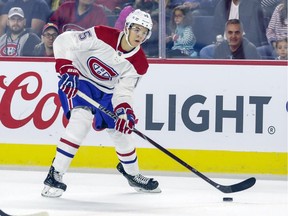 Canadiens centre Jesperi Kotkaniemi looks to make pass during NHL Rookie Showdown game against the Toronto Maple Leafs on Sept. 9, 2018 at Place Bell in Laval.