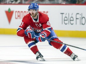 Montreal Canadiens winger Paul Byron changes direction during second period against the Toronto Maple Leafs in Montreal on Sept. 26, 2018.