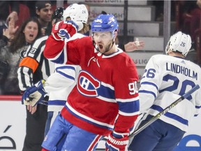 Montreal Canadiens winger Tomas Tatar celebrates his goal against the Toronto Maple Leafs during first period  in Montreal on Sept. 26, 2018.