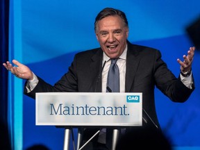 CAQ leader Francois Legault celebrated a majority government at the Centre des Congres in Quebec City Oct. 1, 2018.