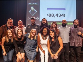 A comedy fundraiser at Club Soda on Sept. 26 raised $90,134 for On Our Own. Top row, from left: Mark Sherman, Media Experts founder and CEO; Ian Maclean, event chair; comedians Joey Elias, Lawrence Corber, Sara Quinn, Wassim El-Mounzer and Pantelis. Bottom row, from left: Jessica Burnie, Media Experts visual communications director; Elizabeth McPhedran, Media Experts communications manager; Lisa DiMarco, Media Experts COO; Ushana Houston, director, On Our Own; Jennifer Douglass, Media Experts digital media systems director.