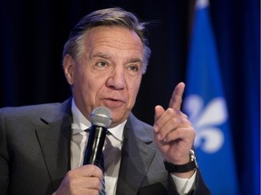 François Legault addresses the CAQ candidates, elected and defeated, in a post-mortem meeting in Montreal on Wednesday.