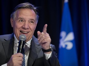 François Legault addresses the CAQ candidates, elected and defeated in Montreal on Wednesday October 3, 2018. Legault says he intends to impose his proposed measures on secularism using the notwithstanding clause if need be. But Don Macpherson wonders whether Legault realizes that there is a five-year sunset provision linked to the notwithstanding clause.
