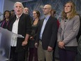 Québec solidaire's newly elected MNAs stand with Manon Massé after holding their first caucus meeting on Friday.
