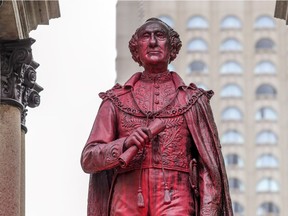 Statue of John A. MacDonald was vandalized with red paint once again in Montreal on Sunday, Oct. 7, 2018.