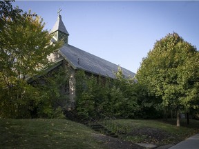 St. Columba's church is almost all hidden by leaves from N.D.G. Ave. in October 2018.