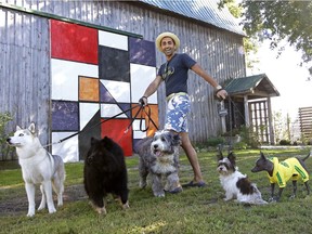 Dominique Firetto and some of the boarders at Adorable Doggytown, a canine country resort on the South Shore.