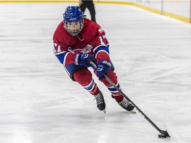 Montreal Canadiennes' Melanie Desrochers flies down the wing during a 3-1 loss to the Calgary Inferno at Place Bell in Laval on Sunday October 14, 2018.
