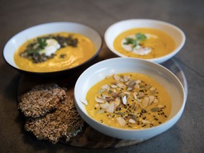 Josee di Stasio says soup can be a canvas, and illustrated the point by preparing three variations of garnish for her butternut squash veloute (clockwise from left): lentils with shallots and Italian parsley, topped with yogurt thinned with lemon and lime juice (to keep the yogurt from sinking) and tossed with citrus zest; a simpler version with just the yogurt, plus a sprinkling of sumac and coriander; and an even simpler version featuring pumpkin seeds, sesame seeds and flaked almonds, all toasted. Di Stasio's book A la soupe also includes a recipe for homemade multi-grain crackers, pictured here.