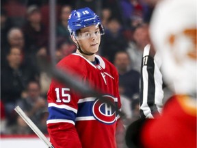 Canadiens rookie Jesperi Kotkaniemi waits for faceoff during NHL game against the Calgary Flames at the Bell Centre in Montreal on Oct. 23, 2018.