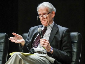Sociologist Gérard Bouchard of the Bouchard-Taylor Commission speaks about secularism during a panel discussion in Montreal Oct. 26, 2018.
