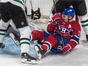 Canadiens forward Brendan Gallagher looks for loose puck in Dallas Stars goal crease during second period of NHL game at the Bell Centre in Montreal on Oct. 30, 2018.