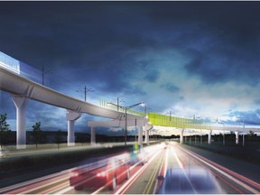 An illustration of the proposed REM light-rail network crossing Highway 40 in Pointe-Claire.