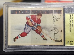 A Montreal Canadiens Maurice Richard hockey card from the 1953-54 season on display at the Hockey Cup History exhibit at the Dorval Museum of Local History and Heritage in Dorval.