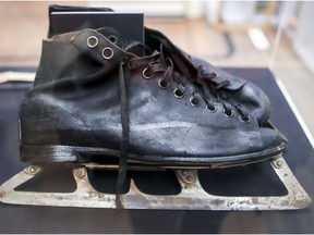 Vintage goalie skates on display at the Hockey Cup History exhibit at the Dorval Museum of Local History and Heritage.