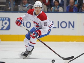 In his first regular-season NHL game, Jesperi Kotkaniemi of the Montreal Canadiens faces the Maple Leafs on Oct. 3, 2018, in Toronto.