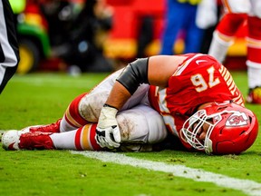 Quebecer Laurent Duvernay-Tardif of the Kansas City Chiefs is injured on a play during the fourth quarter of the game against the Jacksonville Jaguars at Arrowhead Stadium on Sunday, Oct. 7, 2018, in Kansas City.
