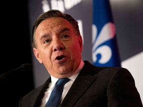 This file photo shows François Legault, CAQ leader, during a conference at Plaza-Centreville in Montreal on September 28, 2018. - François Legault party leader of the Coalition Avenir Québec (CAQ) wins Quebec elections on October 1st, 2018.