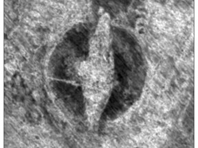 This handout picture released on 15 October 2018 by Norwegian Institute for Cultural Heritage Research (NIKU)  shows an Image generated from a georadar, showing what archeologists mean is a viking ship buried near Halden, some 150 km south of Oslo, Norway. - Archaeologists said on October 15, 2018 they discovered what they think are the remains of a Viking ship buried in southeastern Norway, a rare discovery that could help illuminate the expeditions of these talented navigators of the Middle Ages.