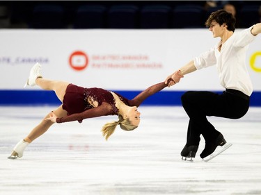 Canada's Camille Ruest and Andrew Wolfe skate their short program at the 2018 Skate Canada International ISU Grand Prix event in Laval, Quebec, October 26, 2018.